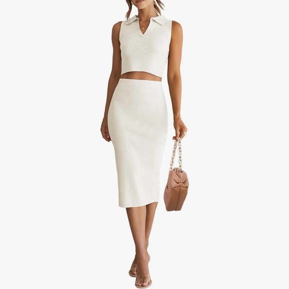 Cream Ribbed Knit Sleeveless Crop Top Bodycon Midi Skirt Set - Picture 5 of 10